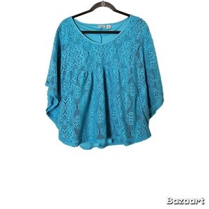 Cato Womens Misses Turqouise Blue Lace Crochet Boho Angel-Wing Sleeves Top Sz XL
